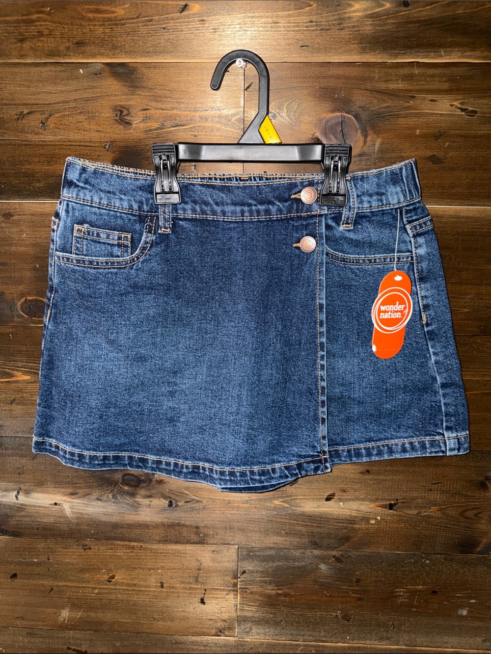 wonder nation dark blue denim mini skort with button detail